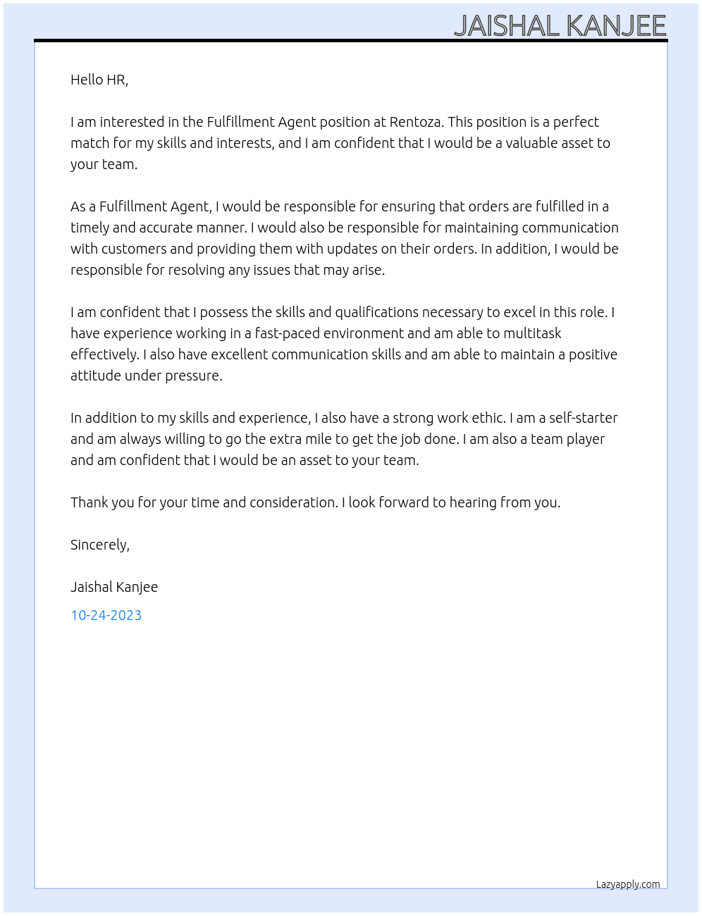 Fulfillment Agent At Rentoza Cover Letter