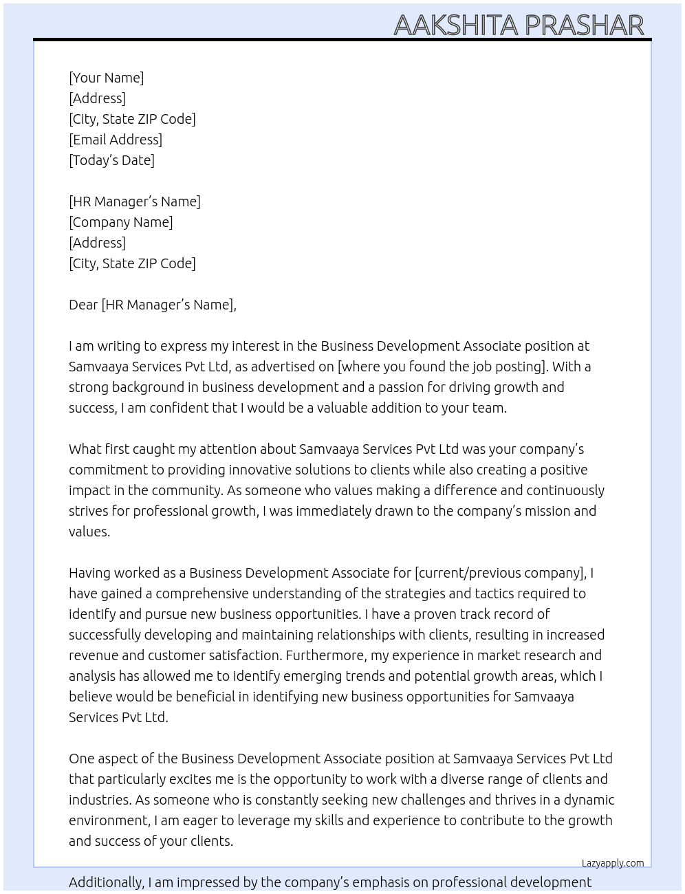 Business development associate  At Samvaaya services pvt ltd Cover Letter