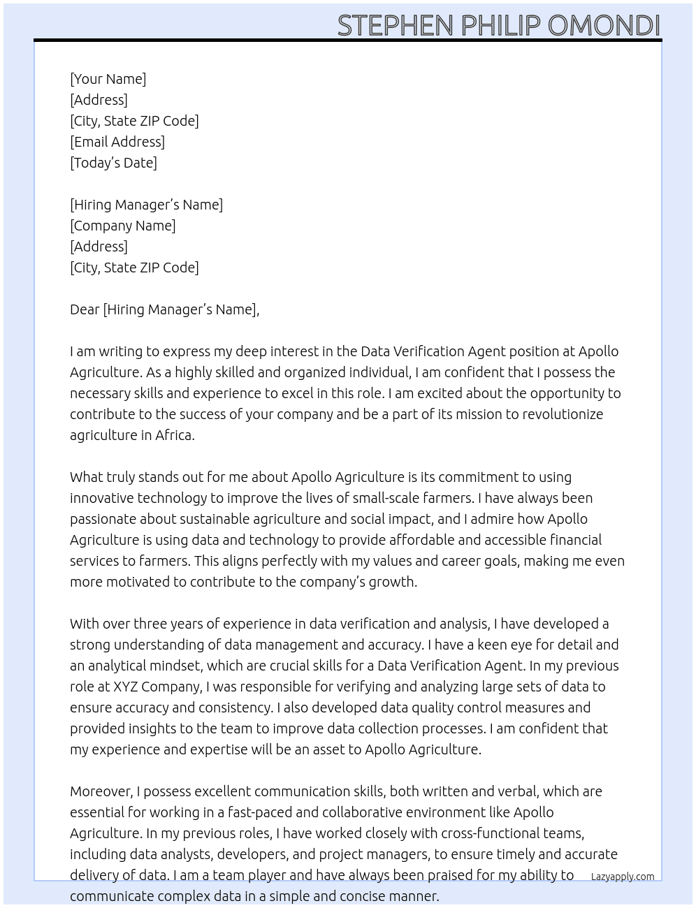 Data Verification Agent At Apollo Agriculture  Cover Letter