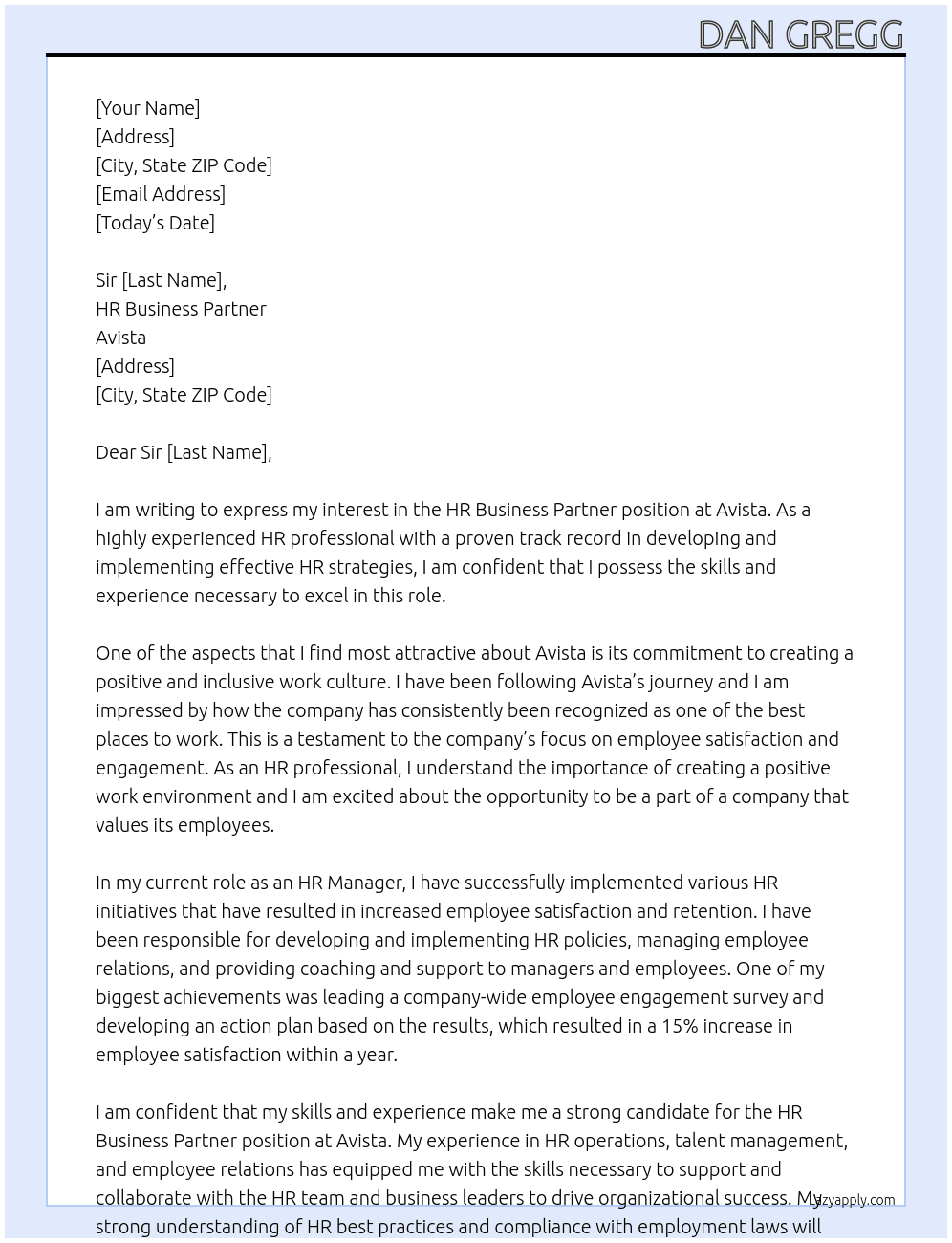 HR Business Partner At Avista Cover Letter