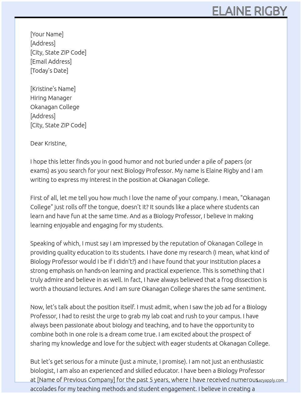 Biology Professor At Okanagan College Cover Letter