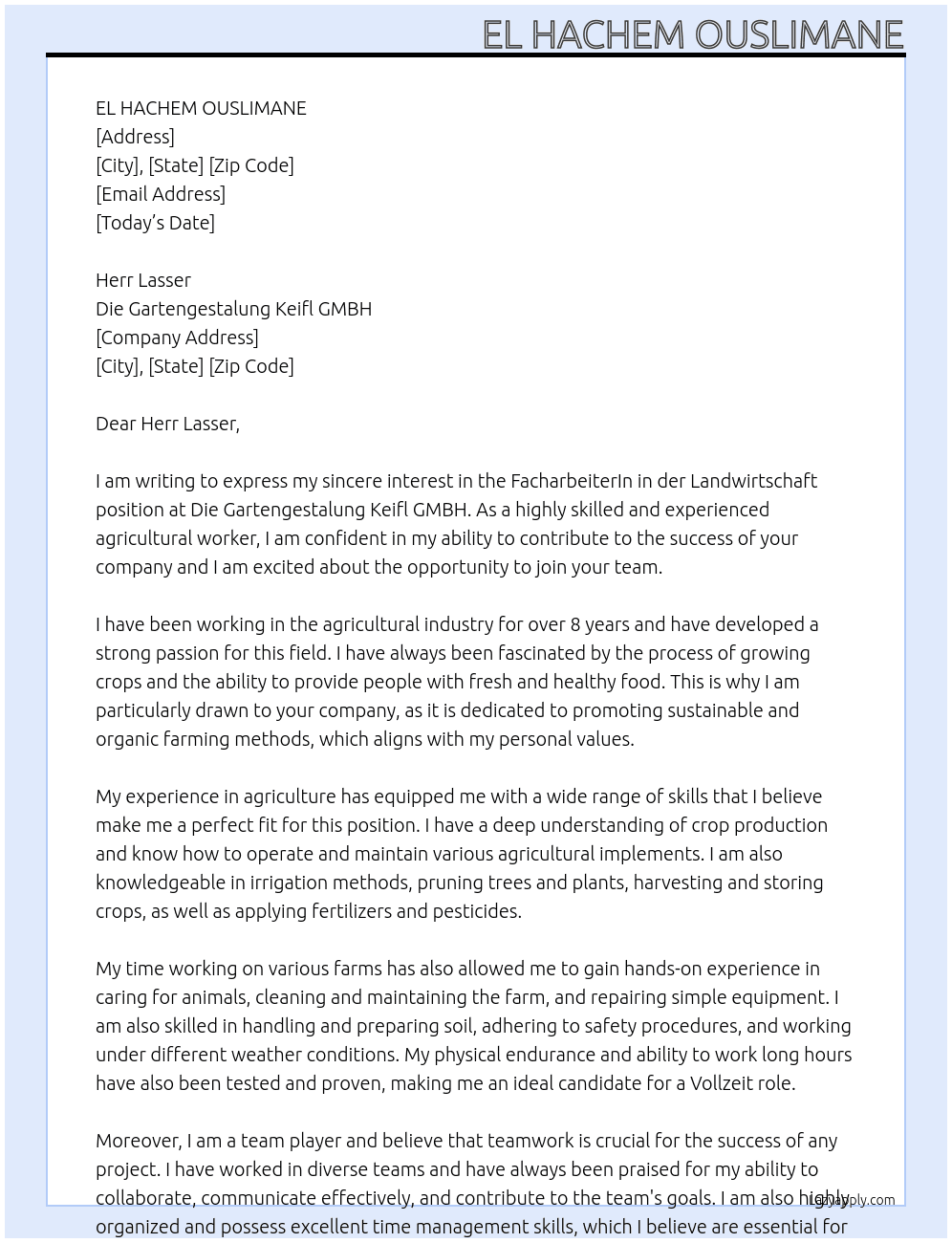 FacharbeiterIn in der Landwirtschaft At Die Gartengestalung Keifl GMBH Cover Letter