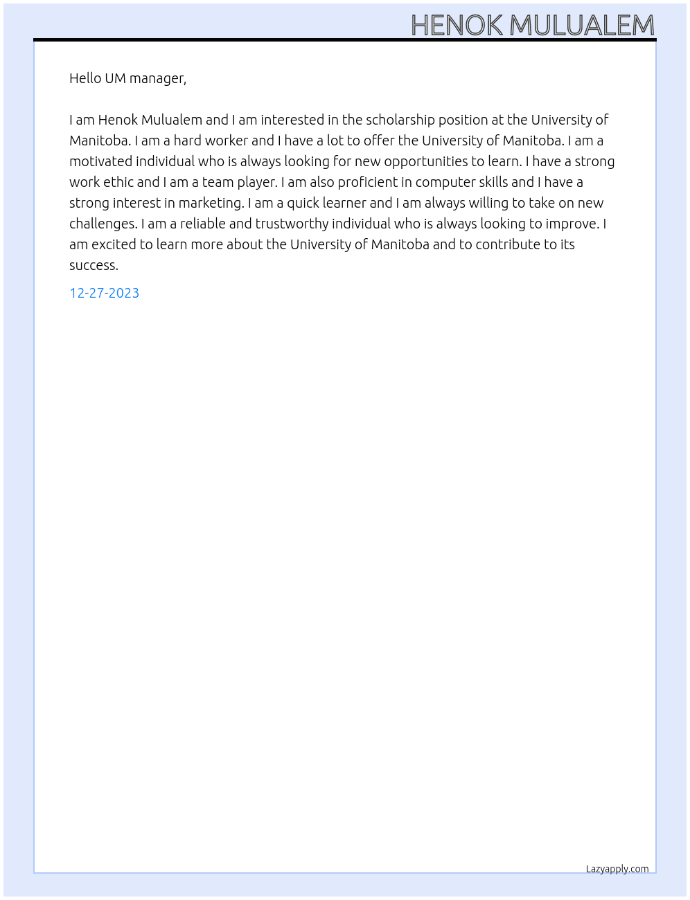 Scholarship At University of manitoba Cover Letter