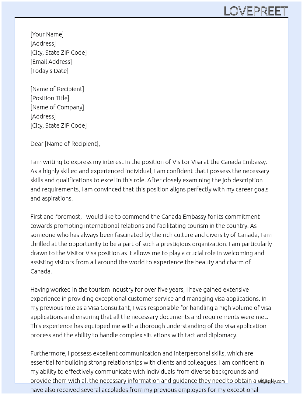 VISITOR VISA  At CANADA Cover Letter