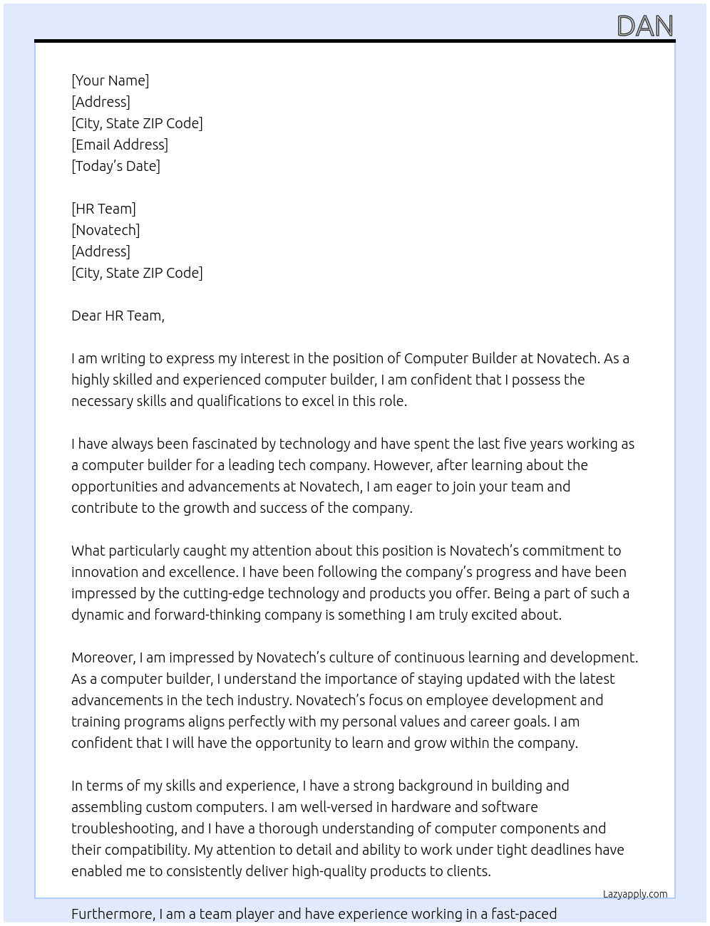 Computer builder At Novatech Cover Letter