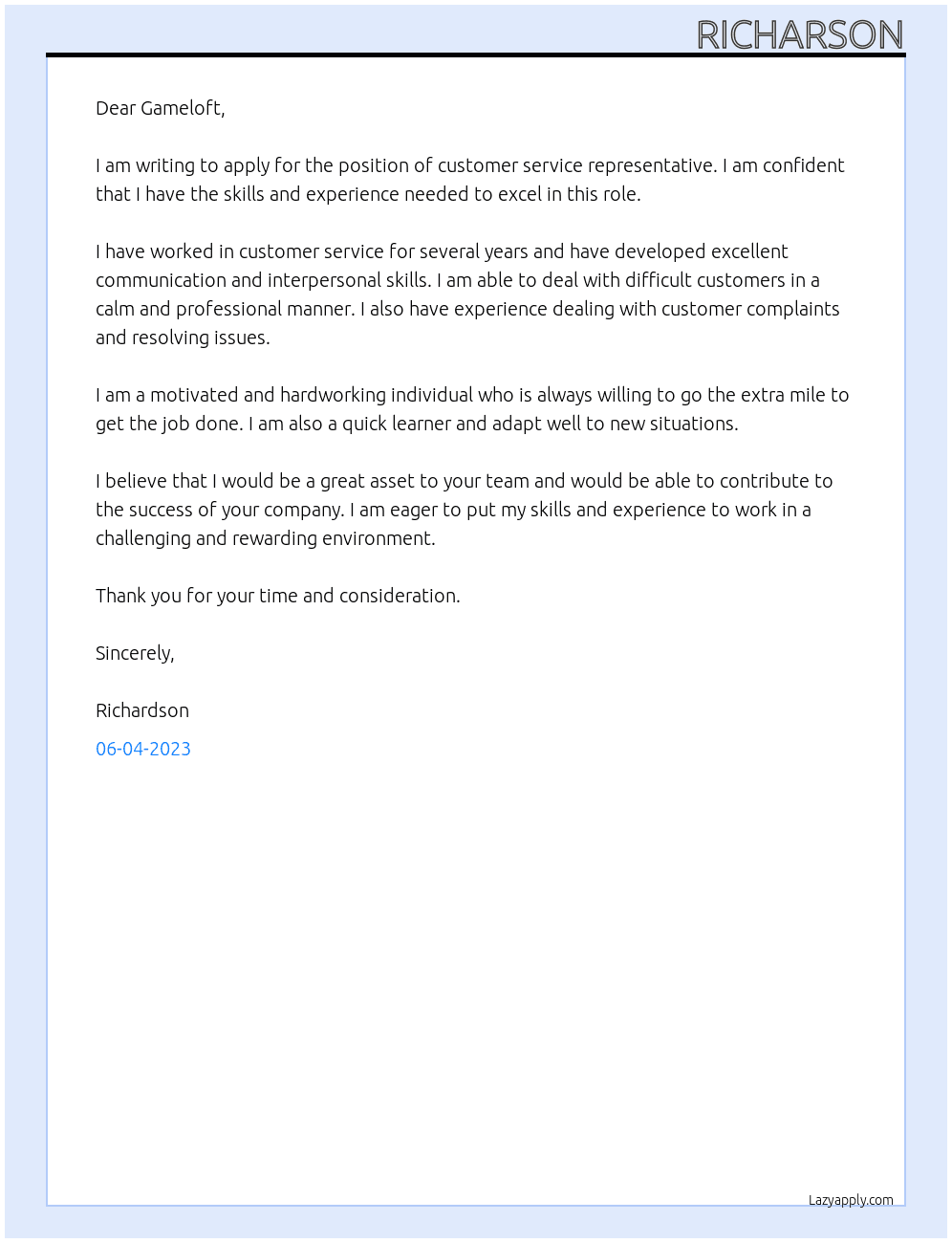 customer service representative At gameloft Cover Letter