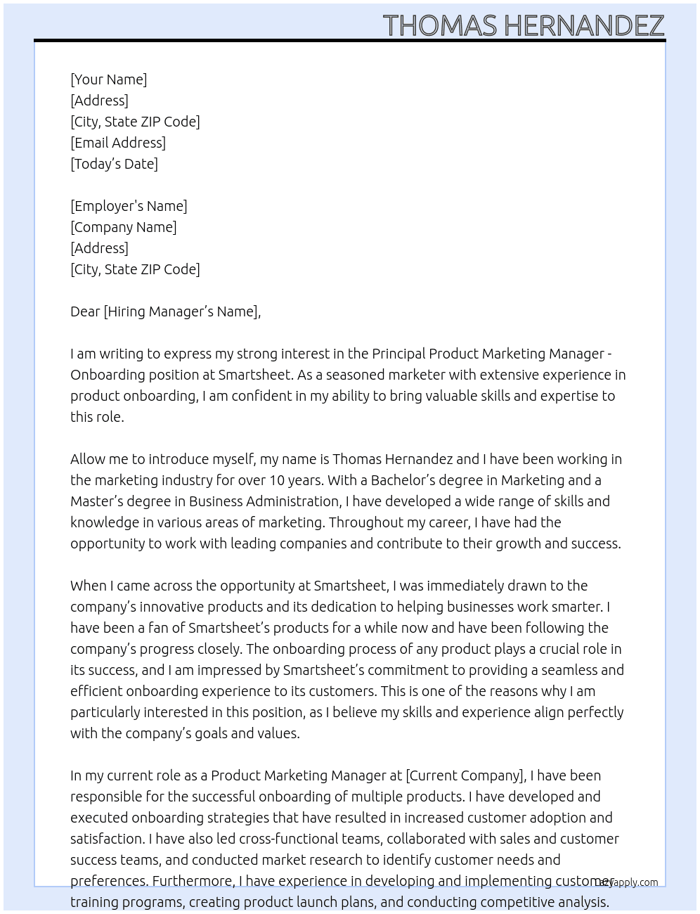 Principal Product Marketing Manager - Onboarding At Smartsheet Cover Letter