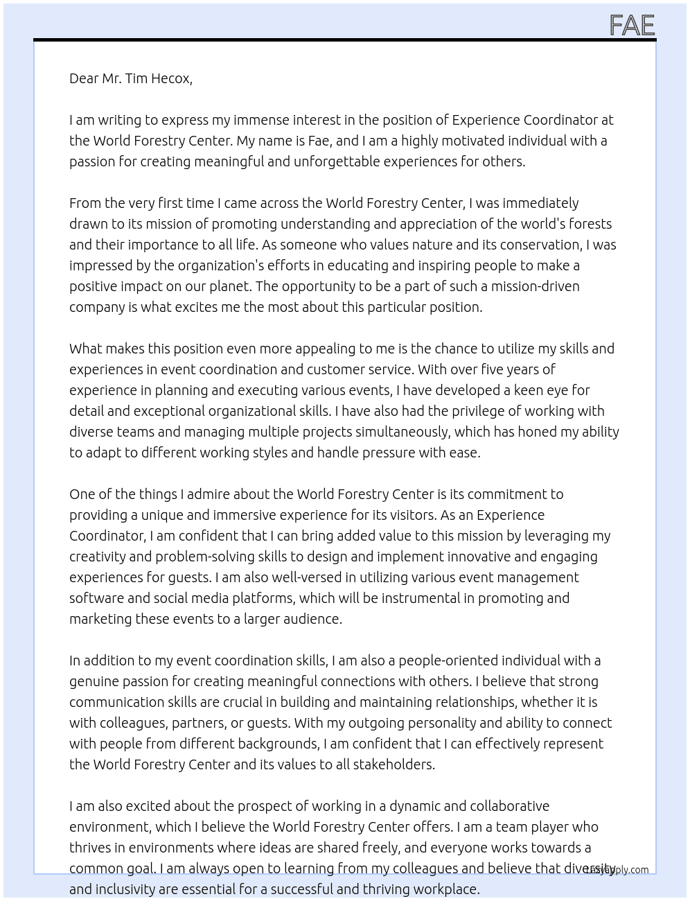 Experience Coordinator At World Forestry Center Cover Letter