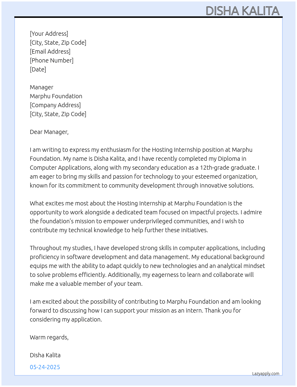 Cover letter for hosting internship - LazyApply