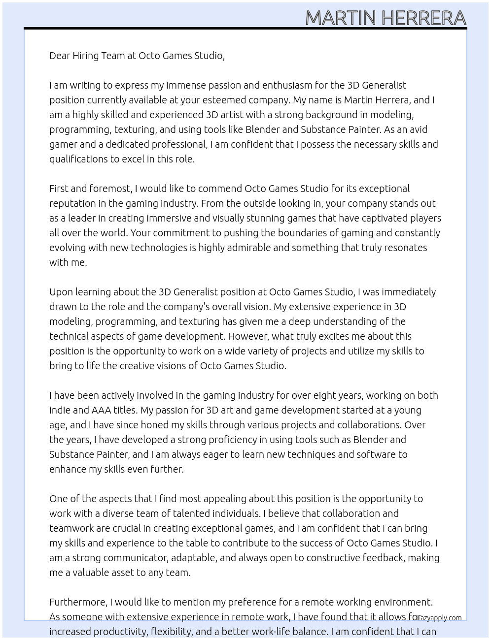 3D Generalist At Octo Games Studio Cover Letter