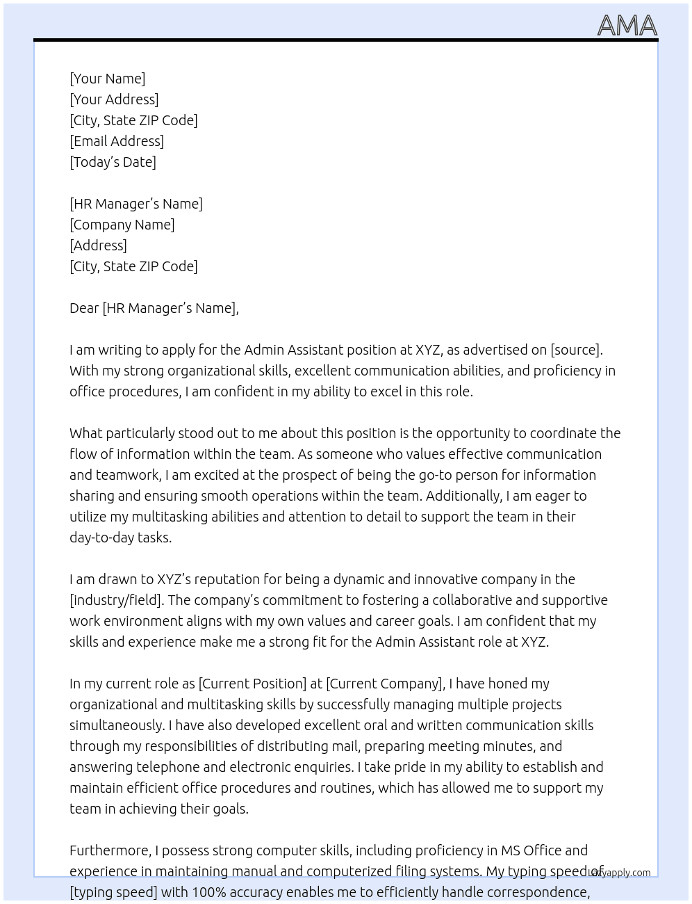 Admin Assistant At XYZ Cover Letter