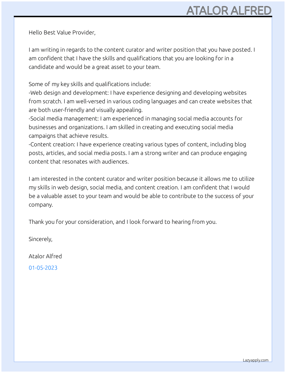 Cover letter for content curator and writer - LazyApply