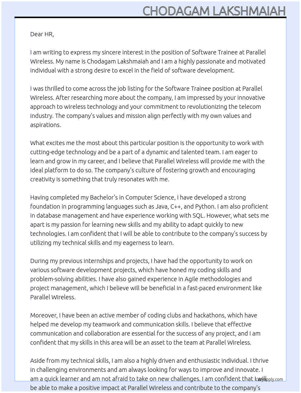 SOFTWARE TRANIE At Parallel wireless Cover Letter
