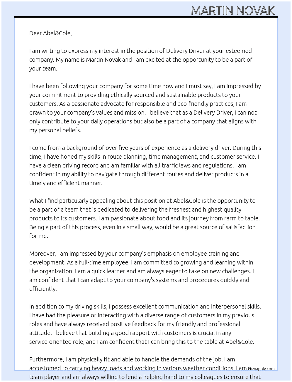 Delivery driver  At Abel&Cole Cover Letter