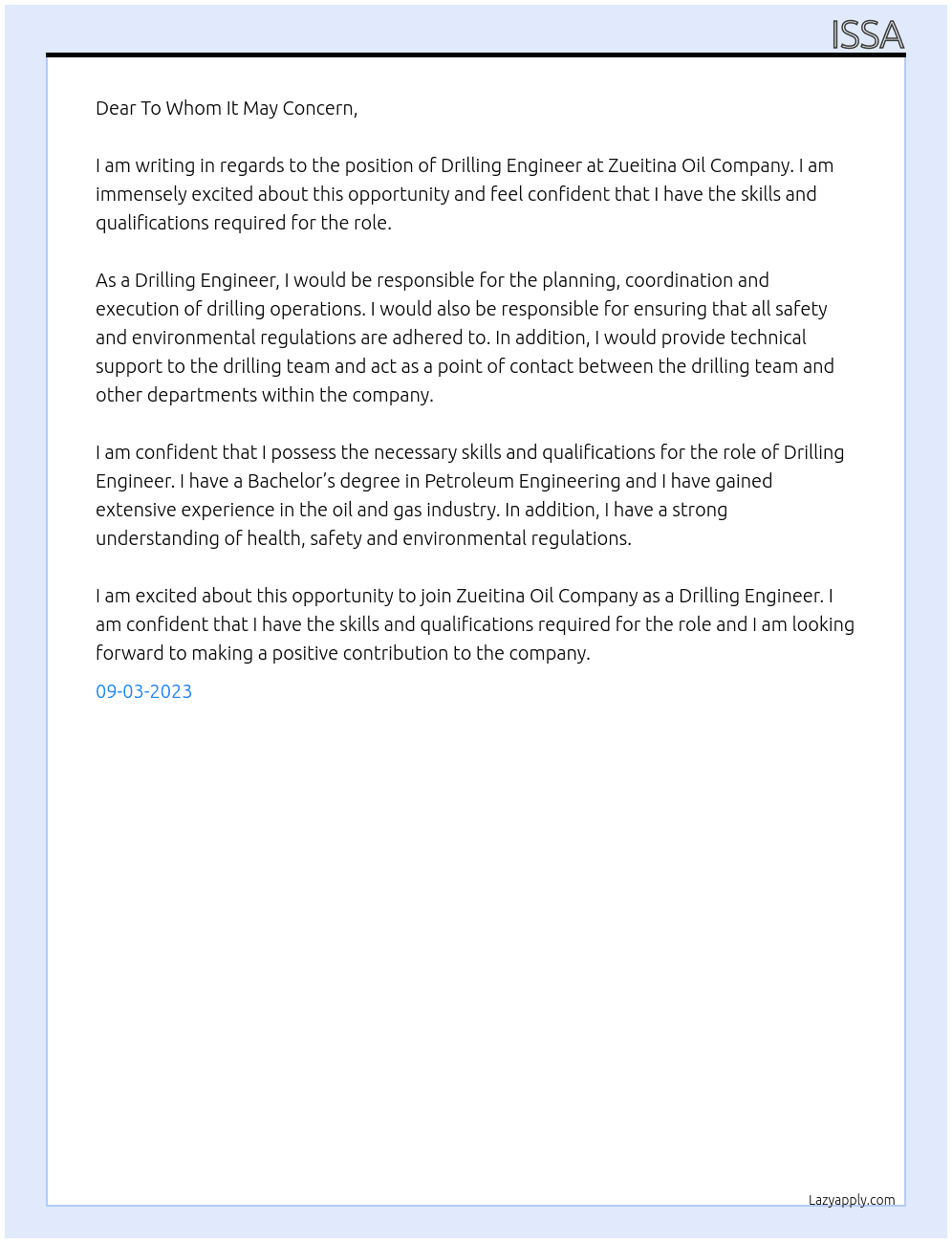 DRILLING ENGINEER At ZUEITINA OIL COMPANY Cover Letter
