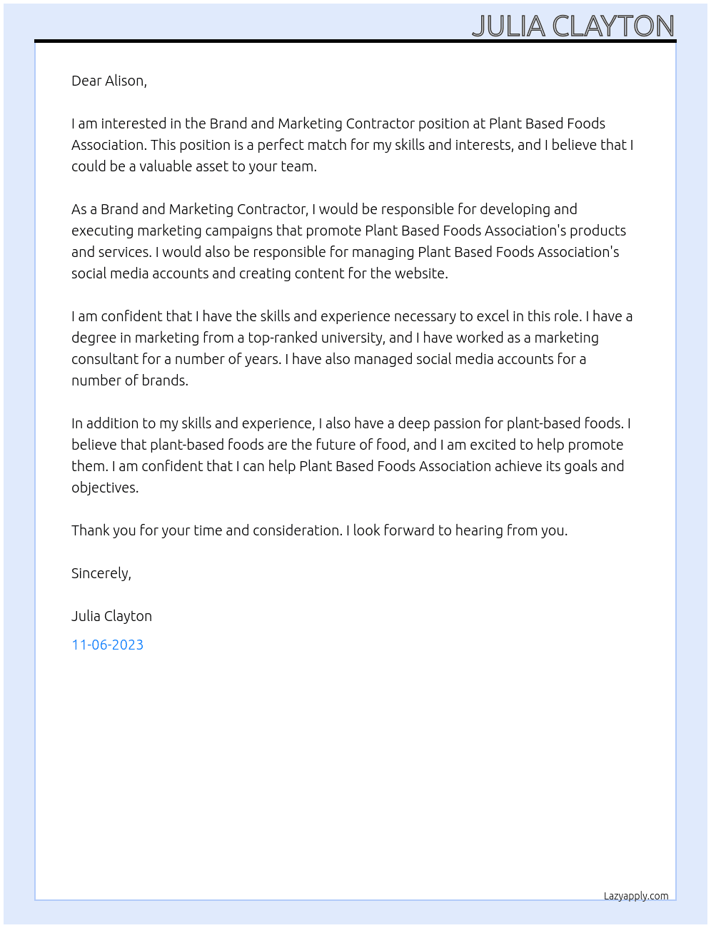 Brand and Marketing Contractor At Plant Based Foods Association Cover Letter