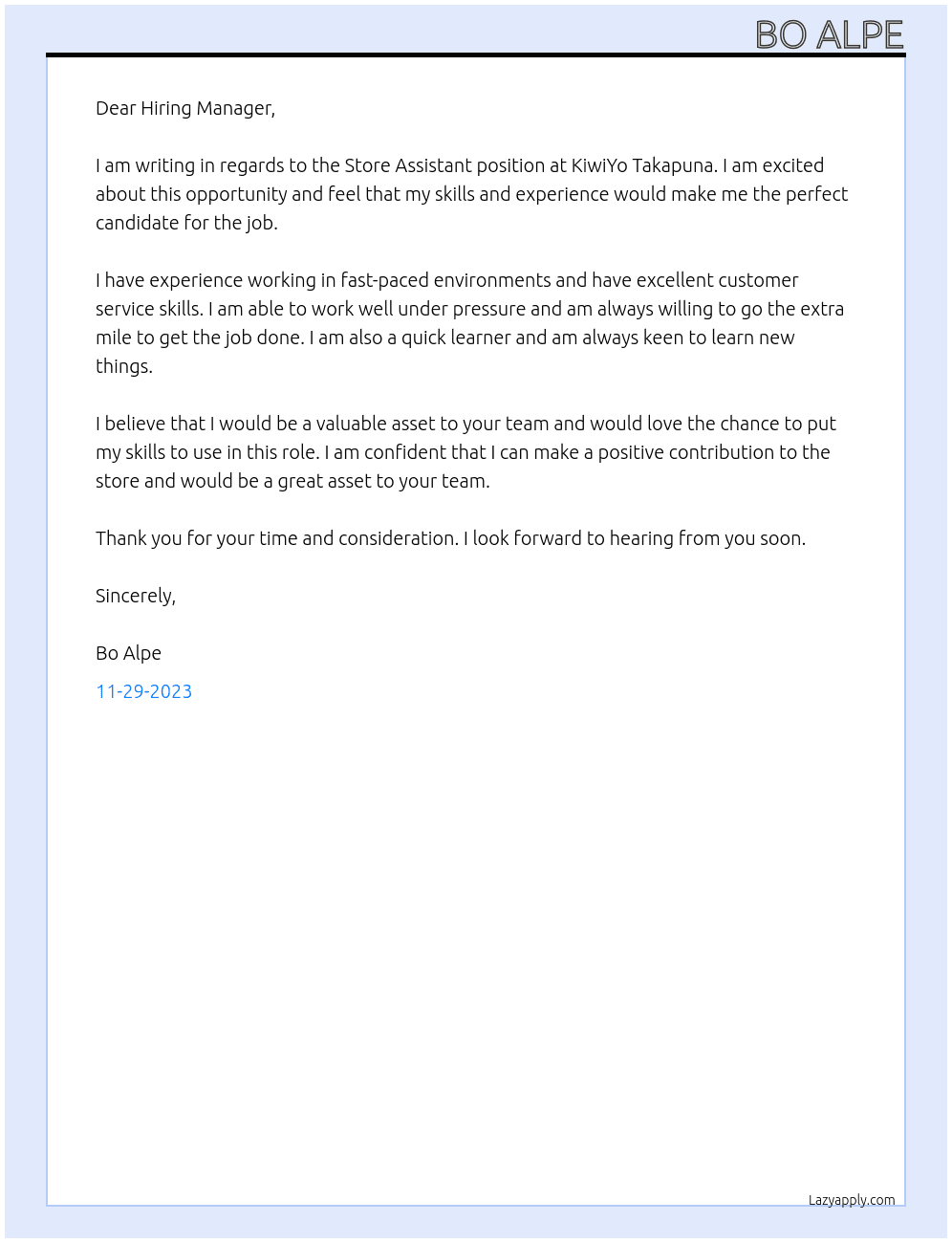 Store Assistant  At KiwiYo Takapuna Cover Letter