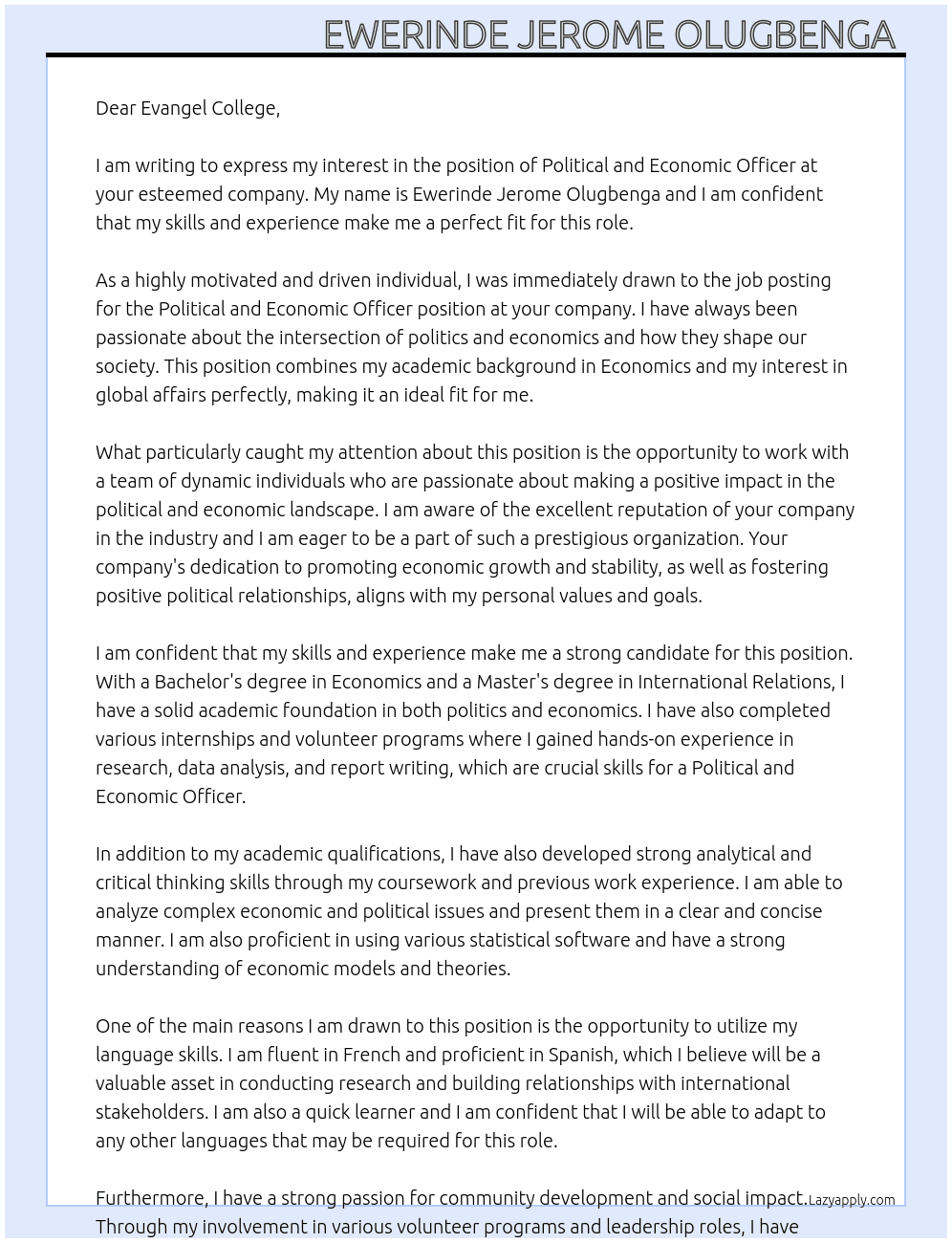 political and economic officer At political and economic Cover Letter