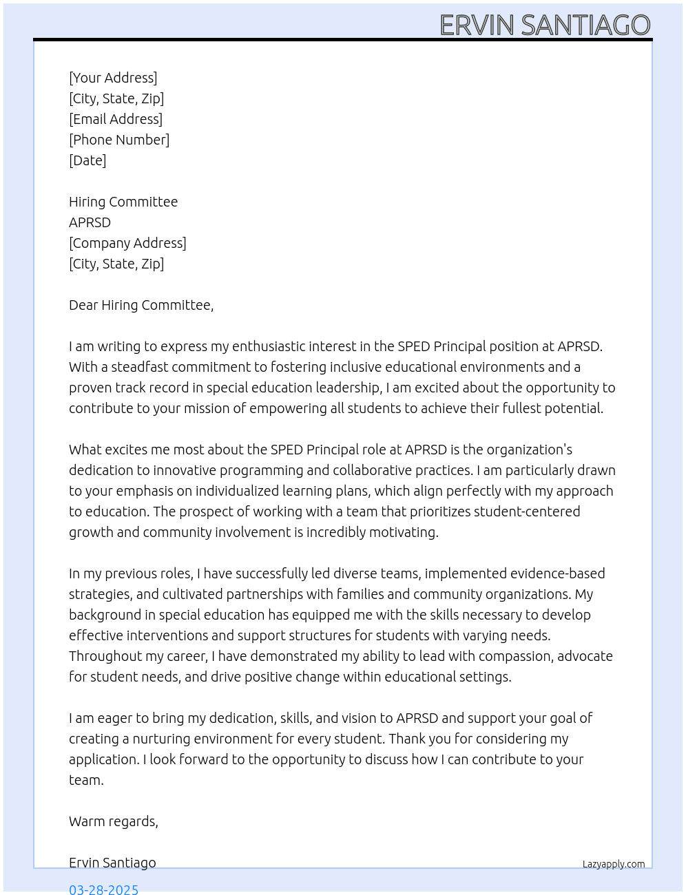 SPED Principal At APRSD Cover Letter
