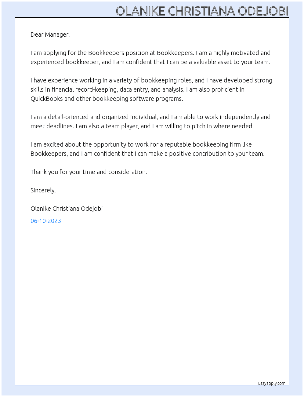 Bookkeepers  At Bookkeepers  Cover Letter