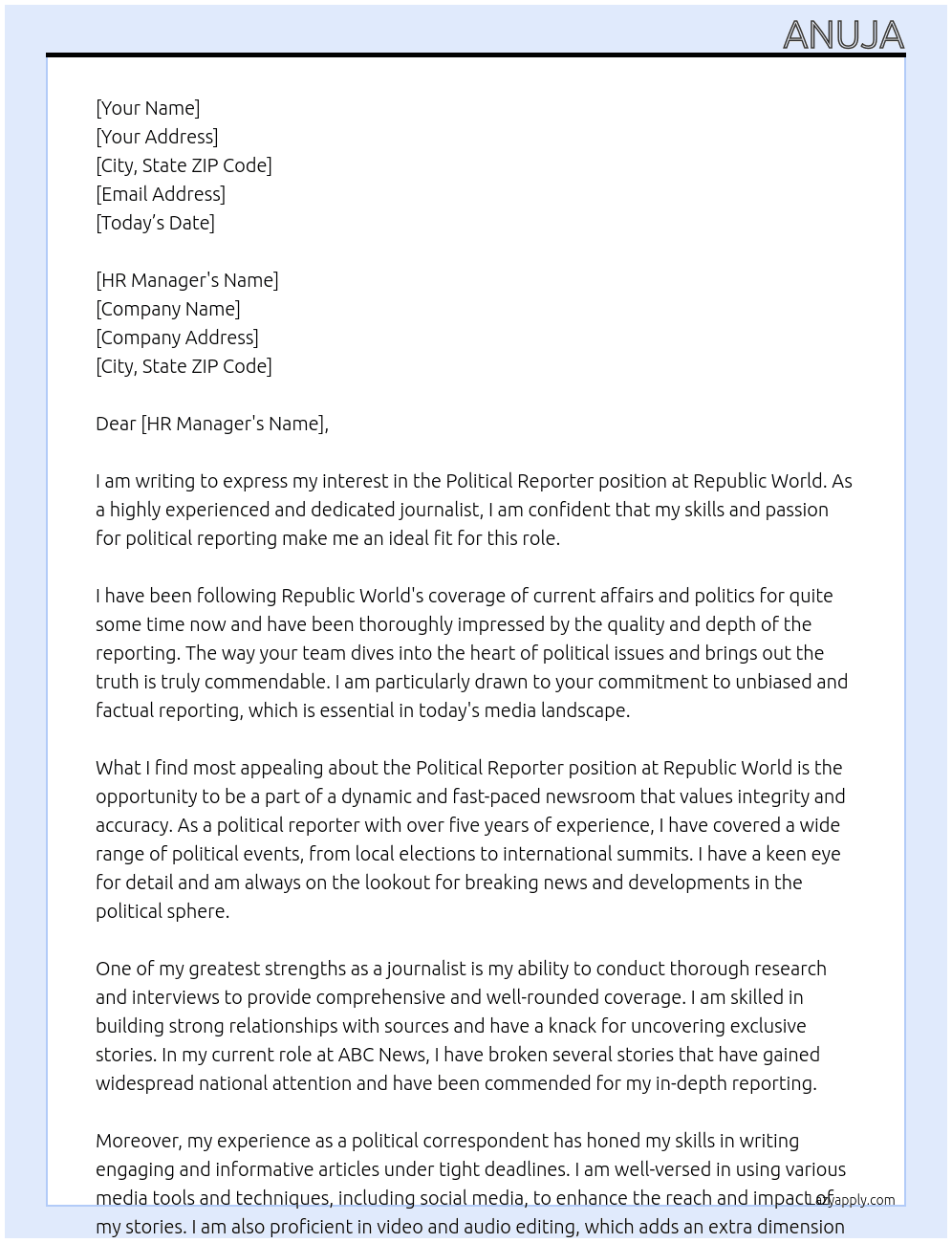 Political reporter  At Republic world  Cover Letter