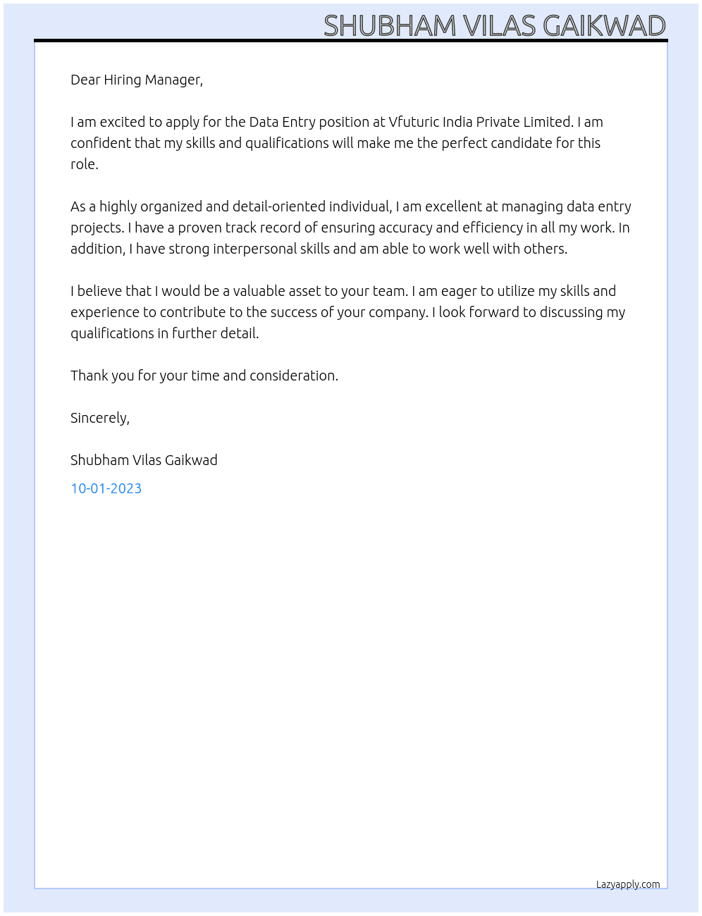 Data Entry At Vfuturic India Private Limited Cover Letter
