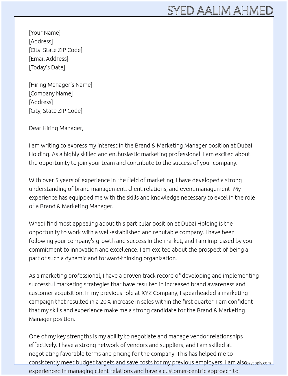 Brand & Marketing Manager At Dubai Holding Cover Letter
