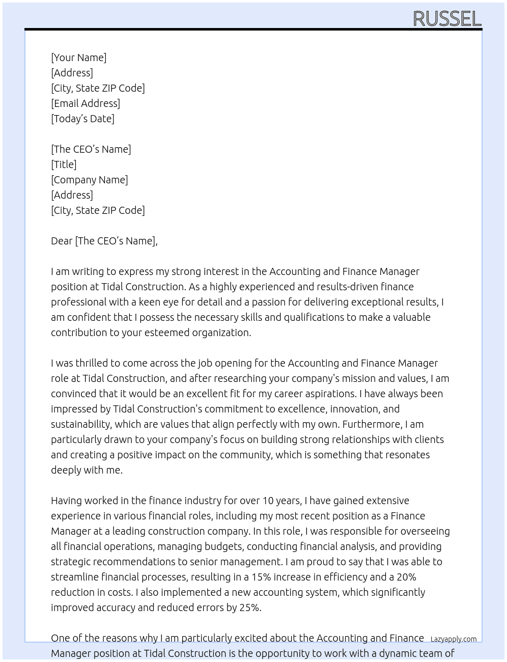 Accounting and Finance Manager At Tidal construction Cover Letter