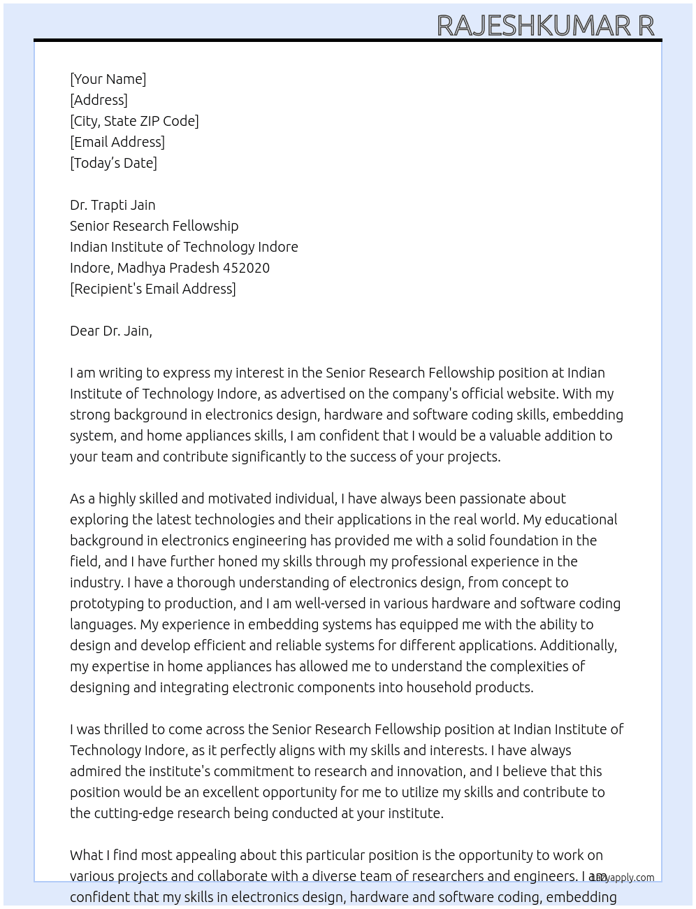 Senior Research fellowship  At Indian Institute of technology Indore  Cover Letter