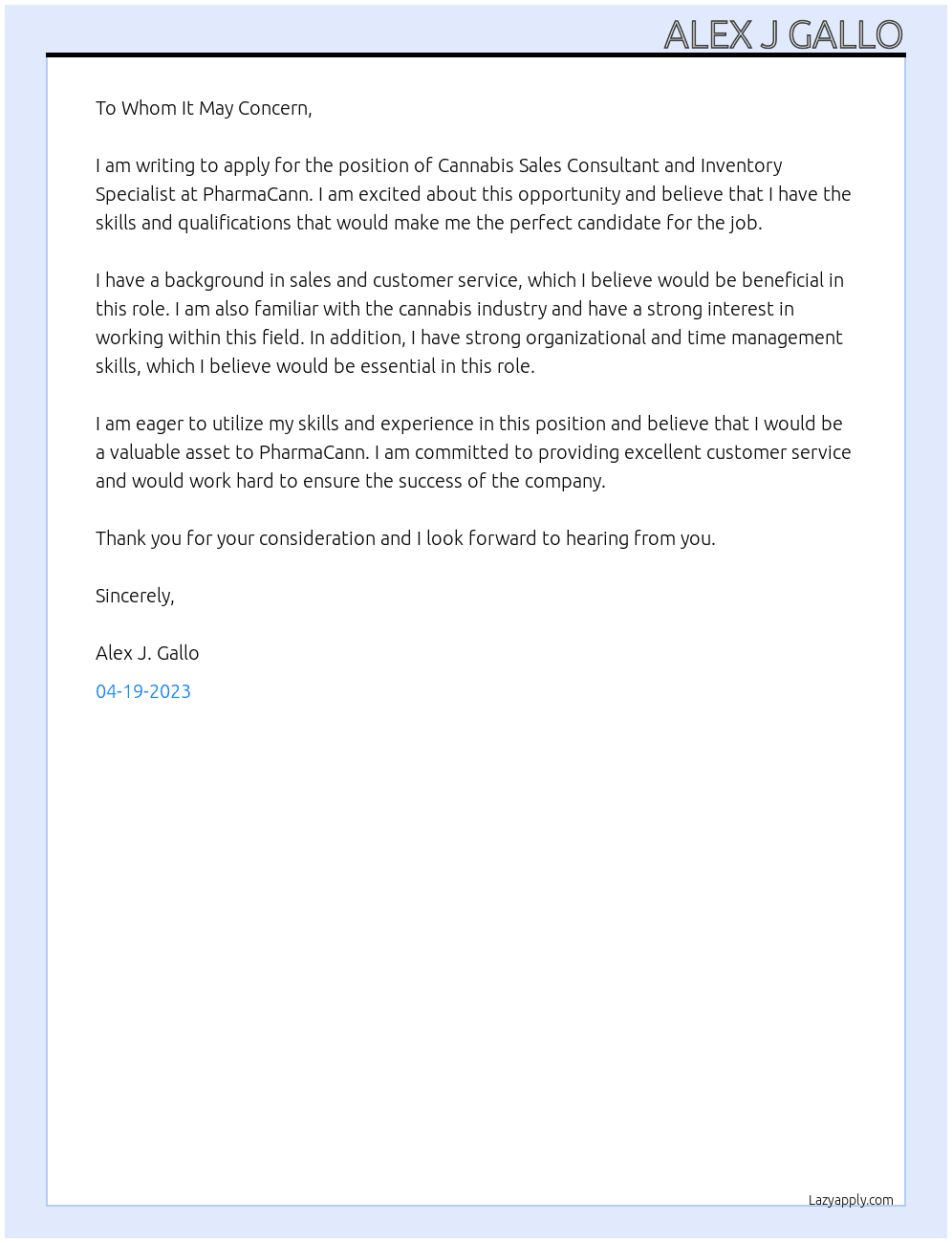 Cannabis Sales Consultant and Inventory Specialist At PharmaCann Cover Letter