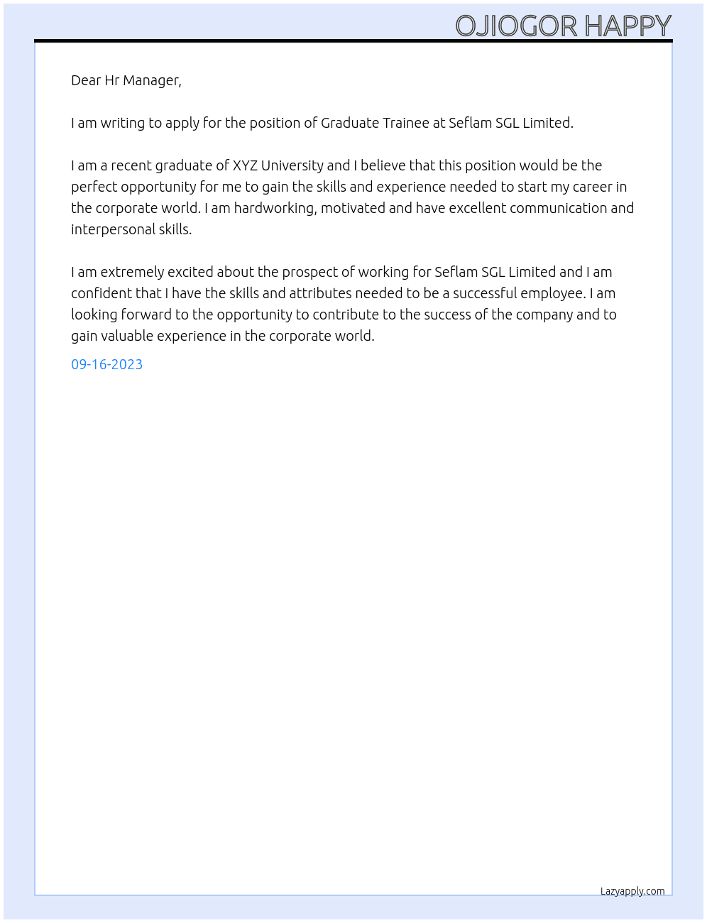 Graduate trainee At Seflam SGL Limited Cover Letter