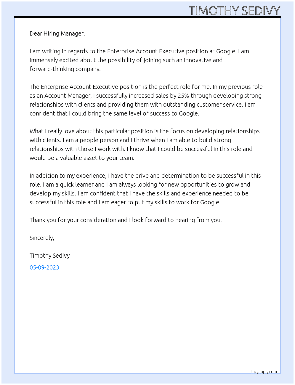 Enterprise Account Executive At Google Cover Letter