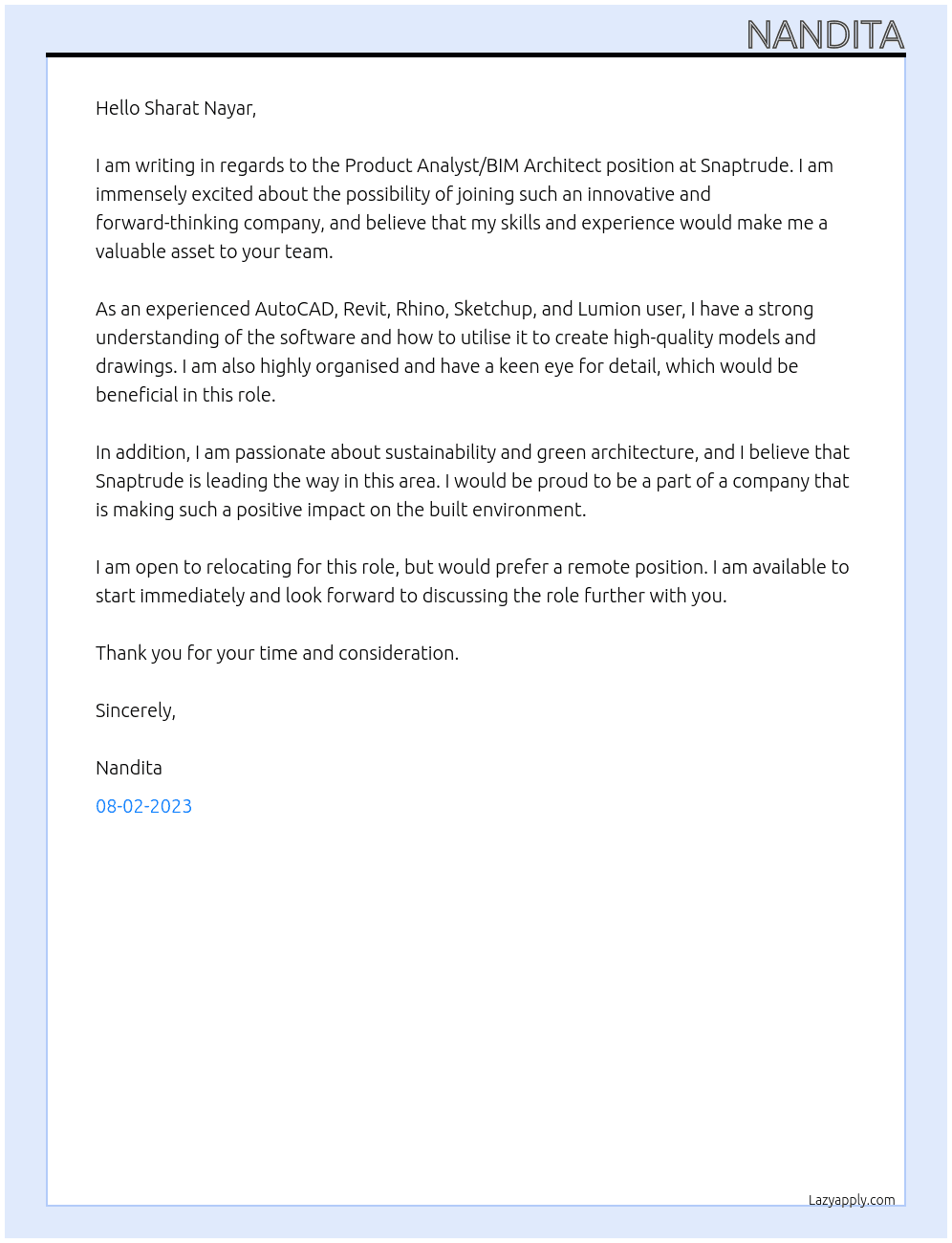 Product Analyst/BIM Architect  At Snaptrude Cover Letter