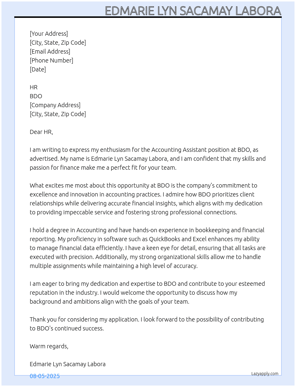 accounting assistant  At bdo Cover Letter