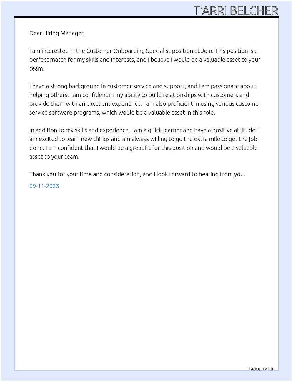 Customer Onboarding Specialist At Join Cover Letter