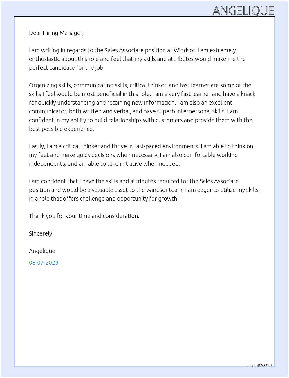 Sales associate At Windsor Cover Letter
