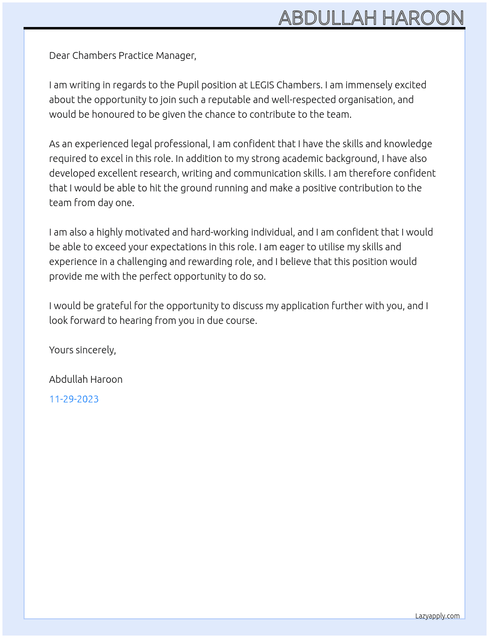 PUPIL At LEGIS CHAMBERS Cover Letter