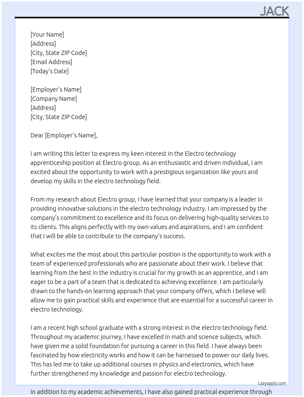 Electro technology apprenticeship  At Electro group Cover Letter