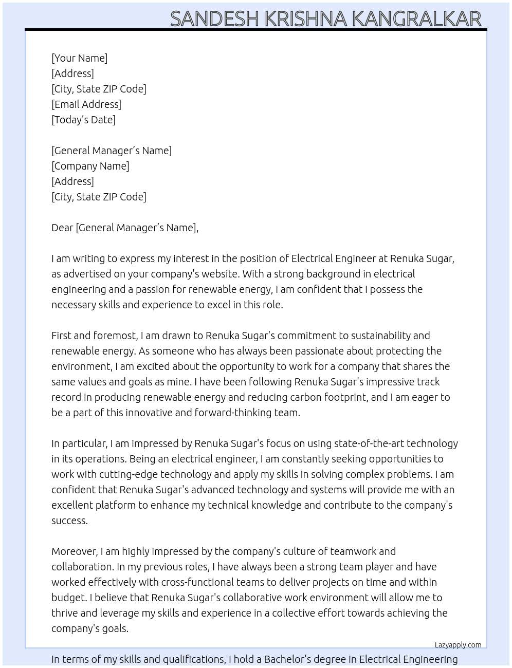 Electrical engineer  At Renuka sugar Cover Letter
