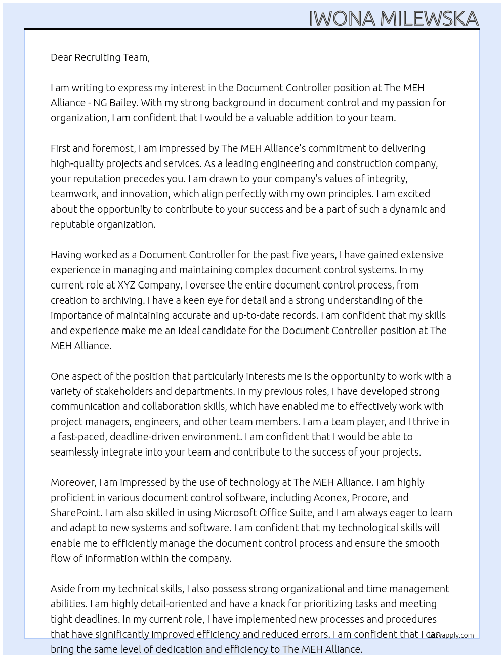 Document controller At The MEH Alliance - NG Bailey  Cover Letter