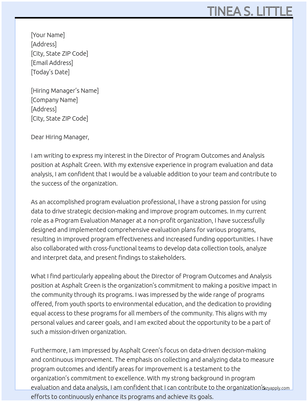 Director of Program Outcomes and Analysis At asphalt green Cover Letter