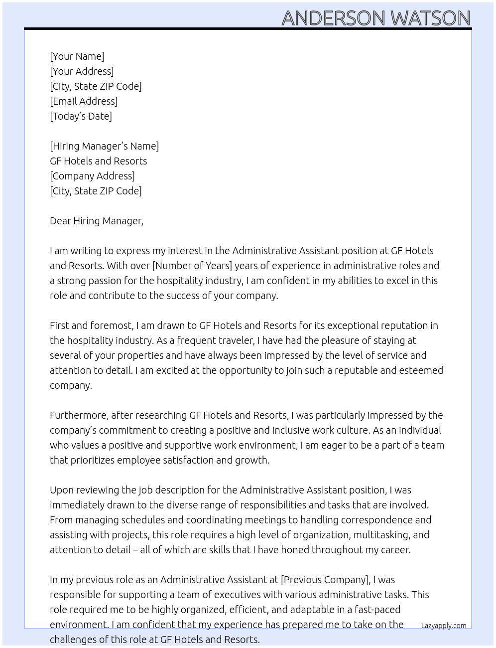 Administrative Assistant  At GF Hotels and Resorts Cover Letter