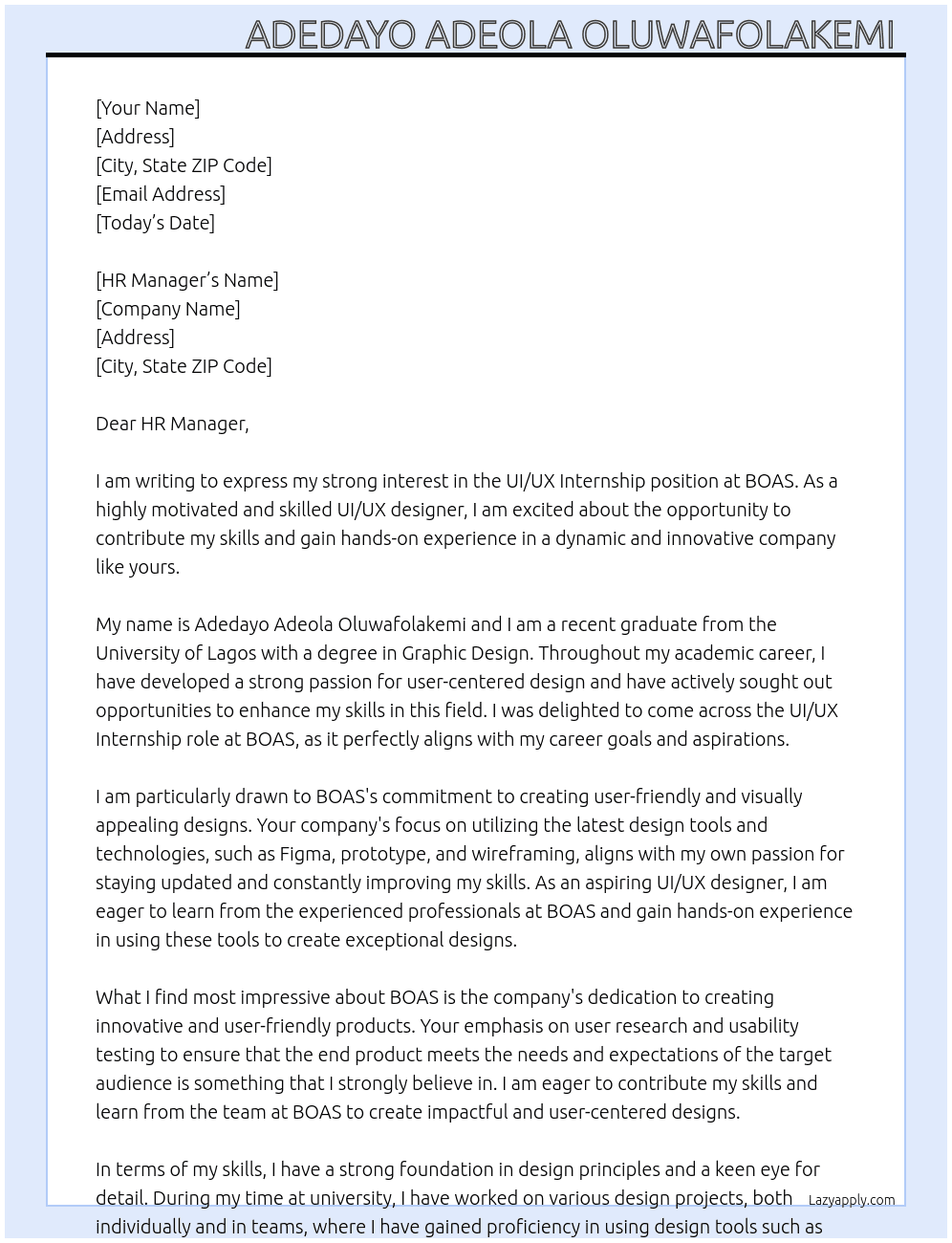 UI/UX INTERN At BOAS Cover Letter