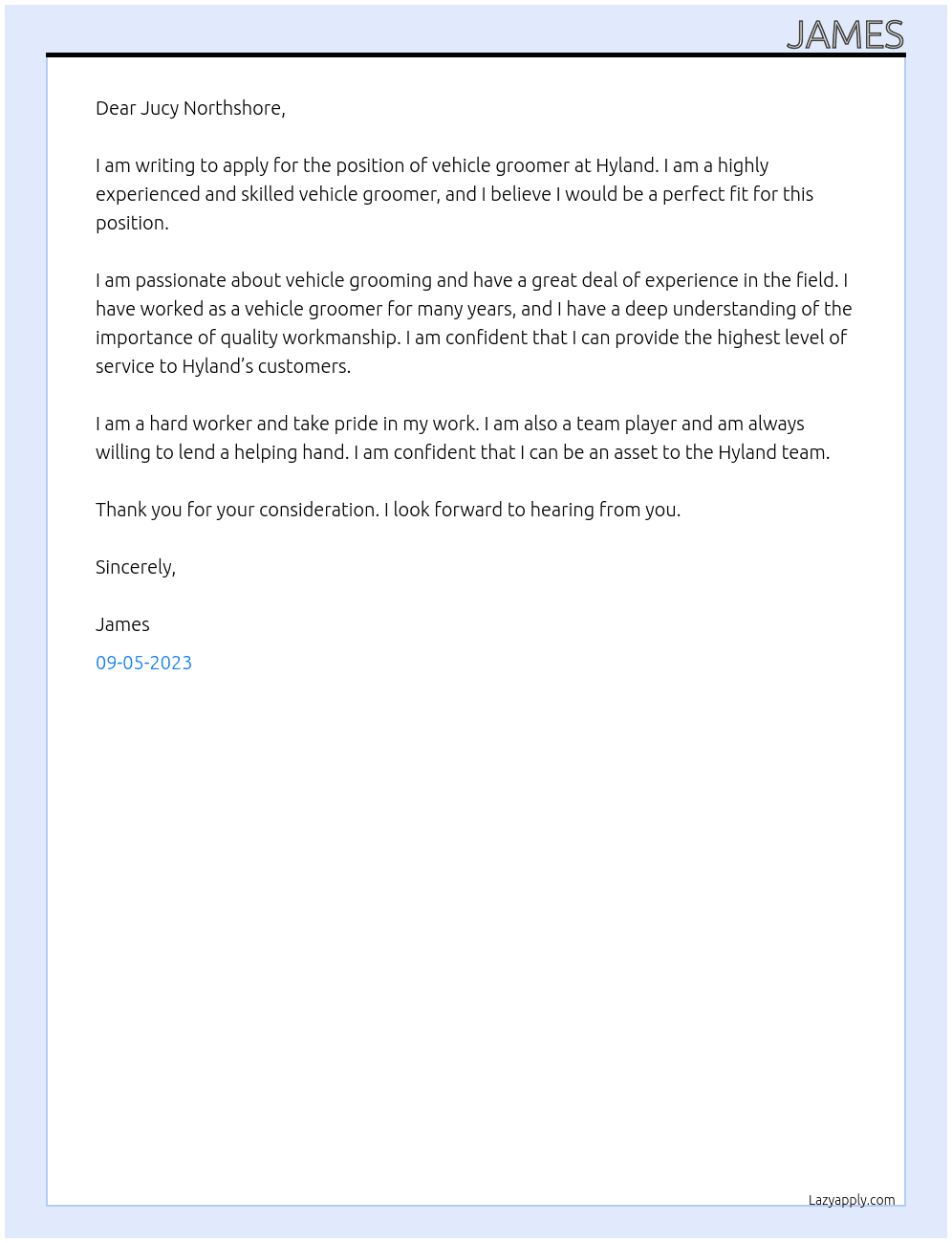 vehicle groomer At Hyland Cover Letter