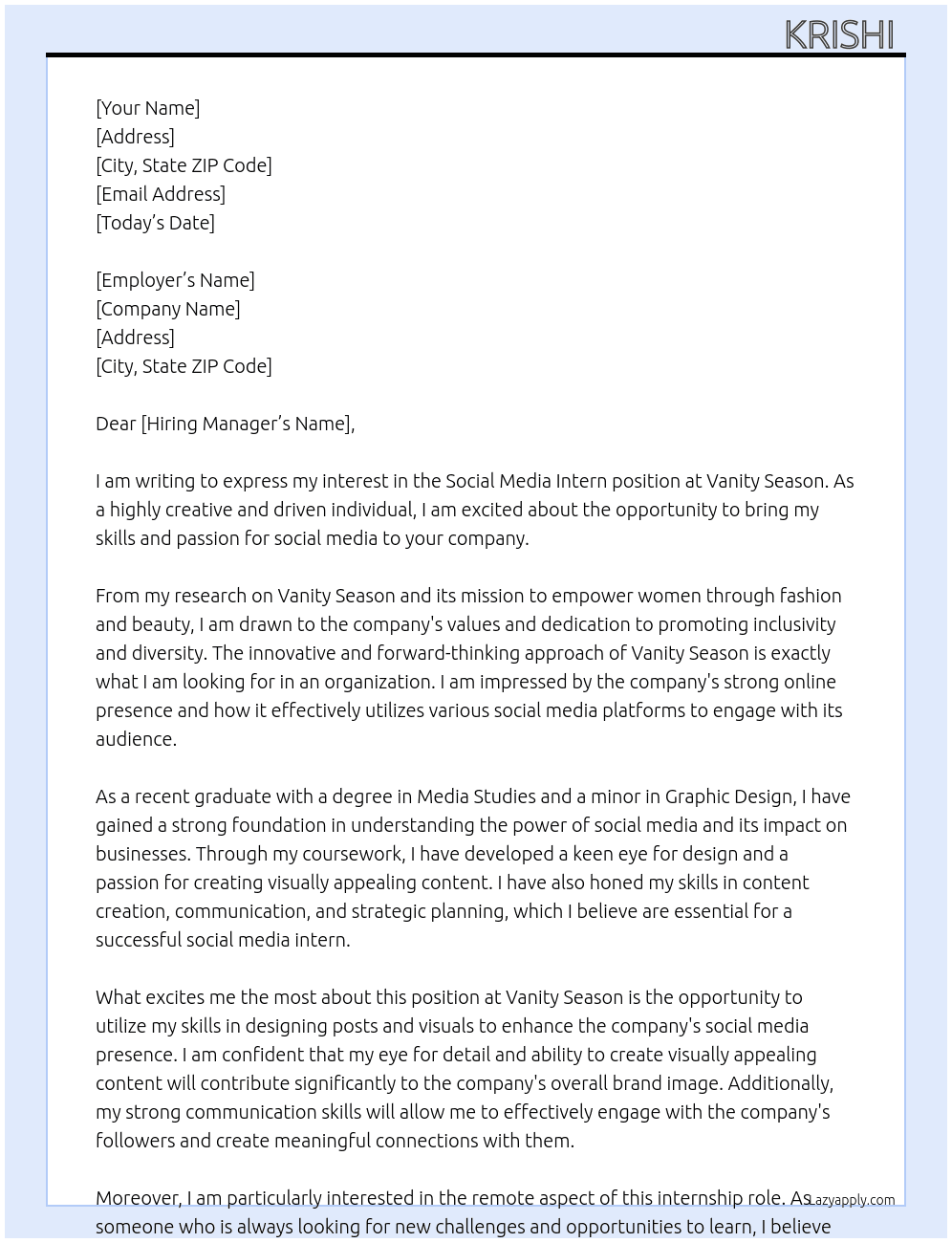 Social media intern At Vanity season  Cover Letter