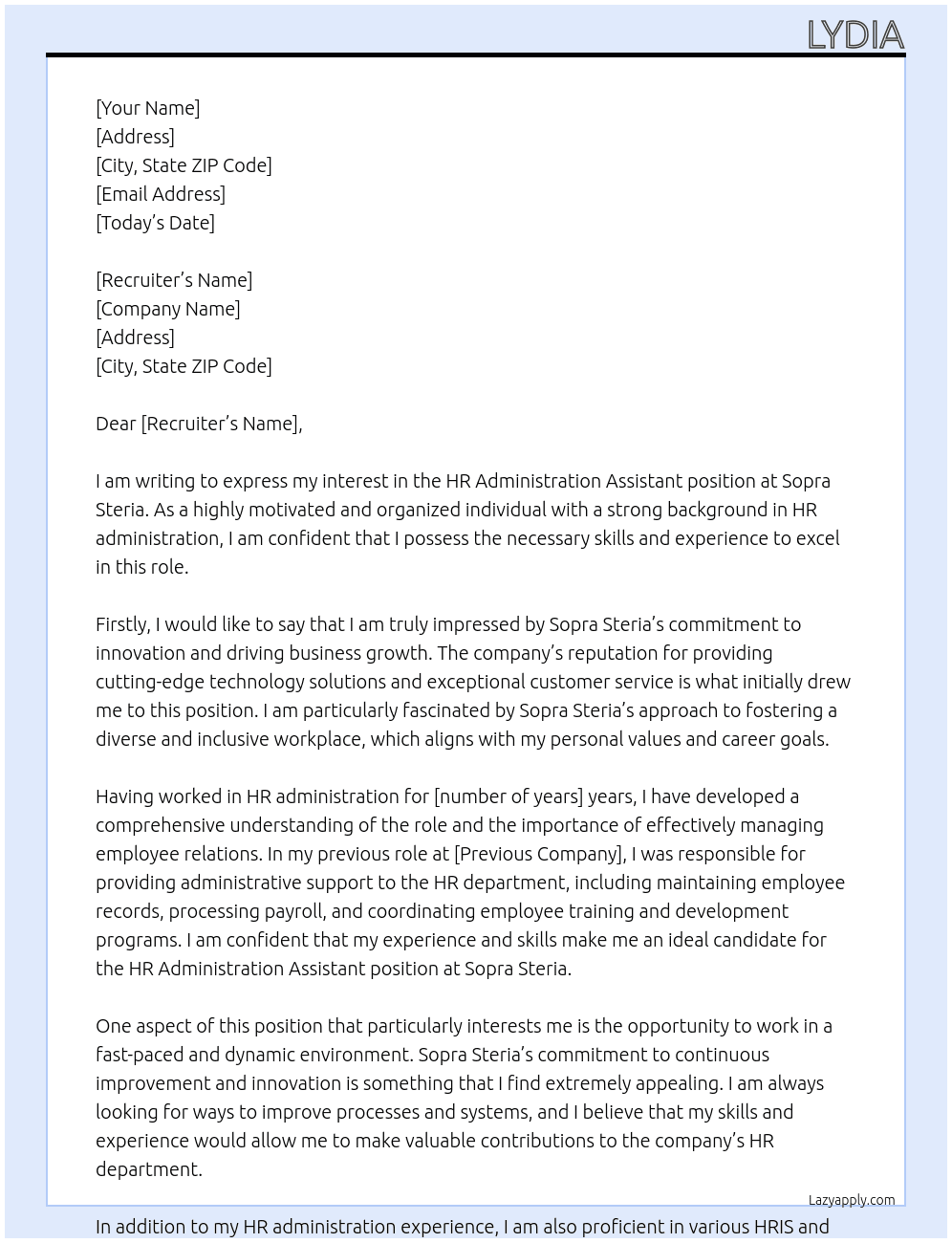 HR Administration Assistant At Sopra Steria Cover Letter