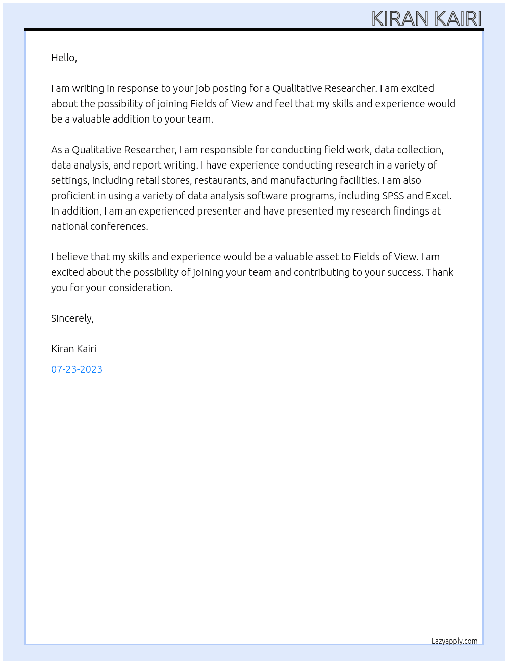 Qualitative Researcher At Fields of View Cover Letter