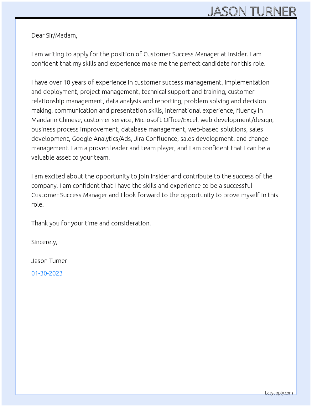 Customer Success Manager At Insider. Cover Letter