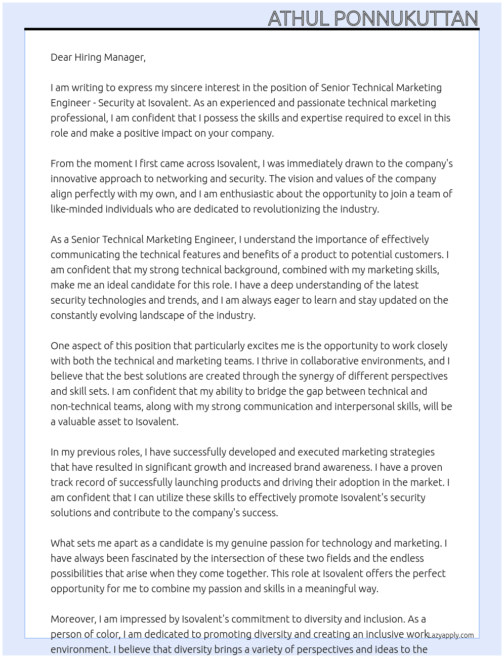 Senior Technical Marketing Engineer - Security At Isovalent  Cover Letter