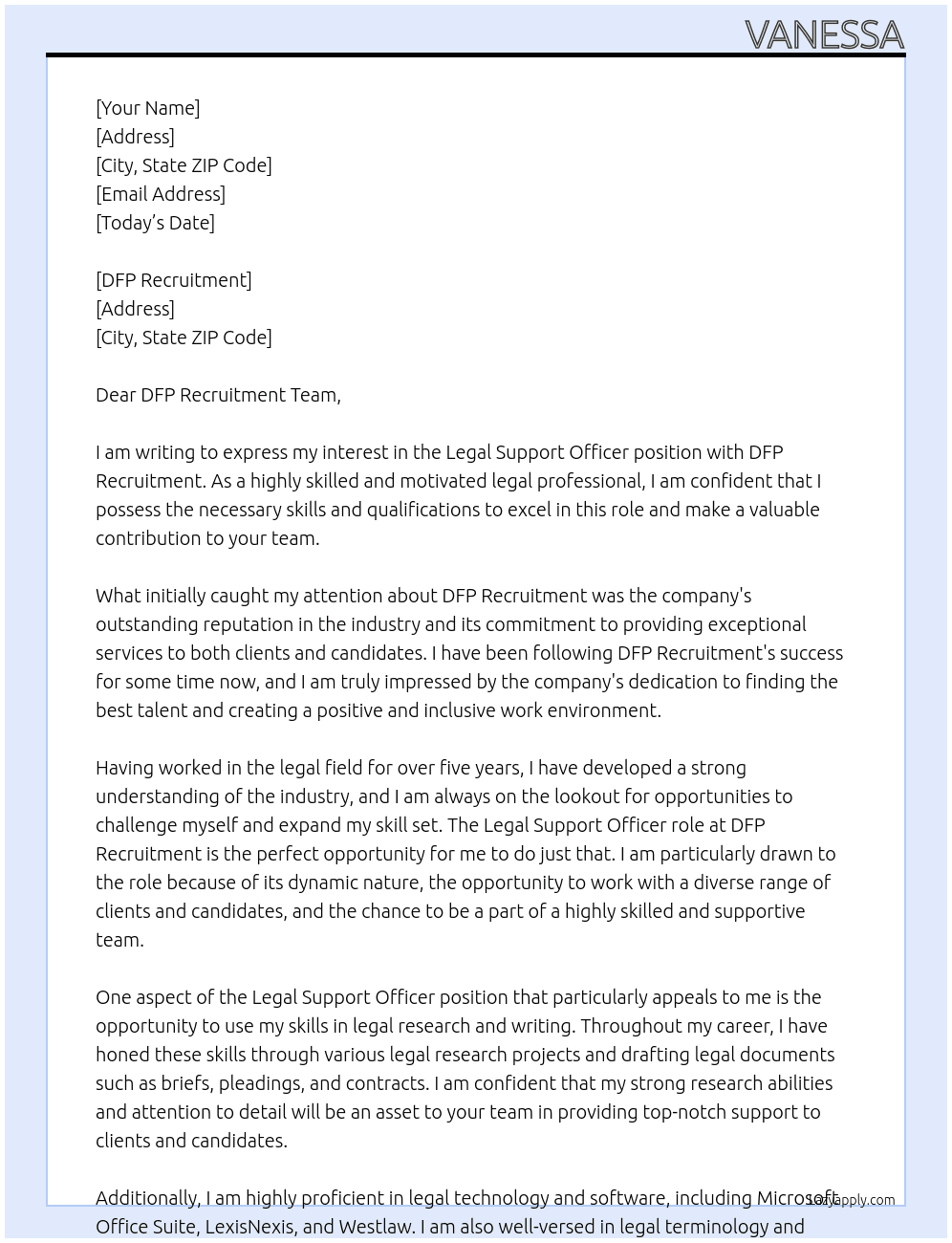 Cover letter for legal support officer - LazyApply
